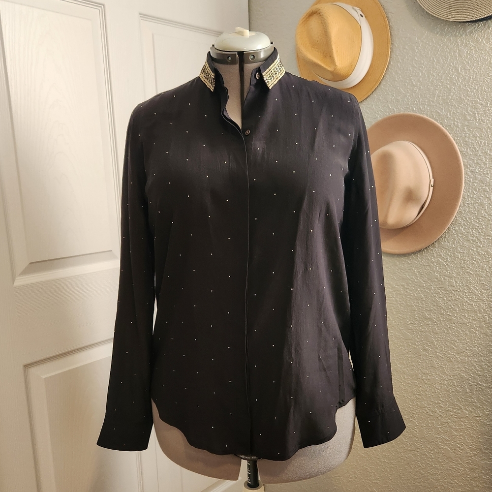 Club Monaco Silk beaded collar button down